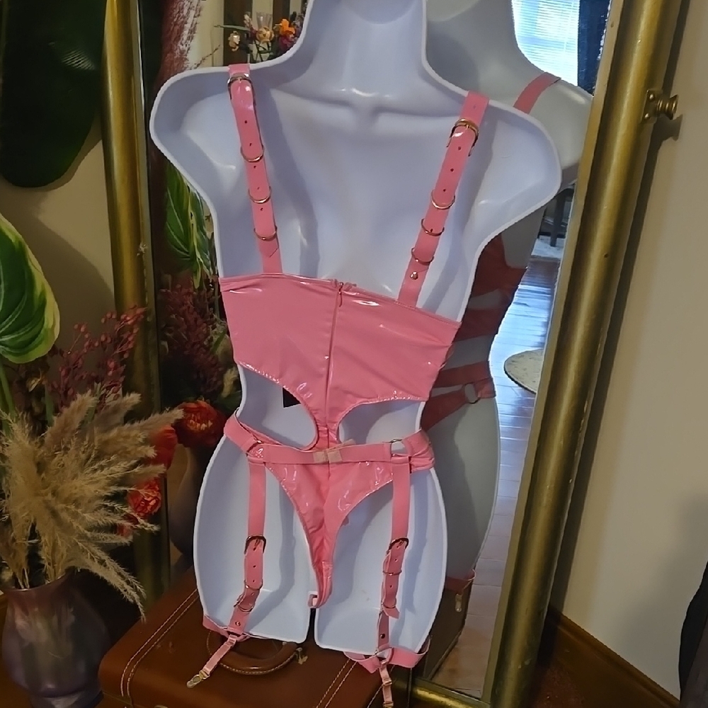 Foreplay BDSM Wet Look Pink Strappy Lingerie Set - Picture 4 of 8